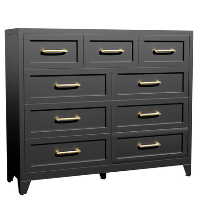 9-Drawer Tall Dresser, Black Metal Storage Cabinet with Smooth Gliding Drawers, Space-Saving Chest of Drawers