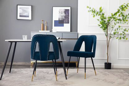 A&A Furniture, Akoya Collection Modern | Contemporary Velvet Upholstered Dining Chair with Nailheads and Gold Tipped Black Metal Legs, Blue