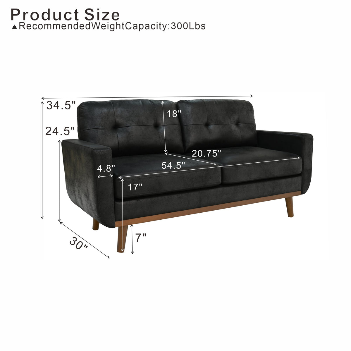 65-inch t Two-Seater Sofa in with Breathable Foil Fabric and Solid Wood Legs – Black