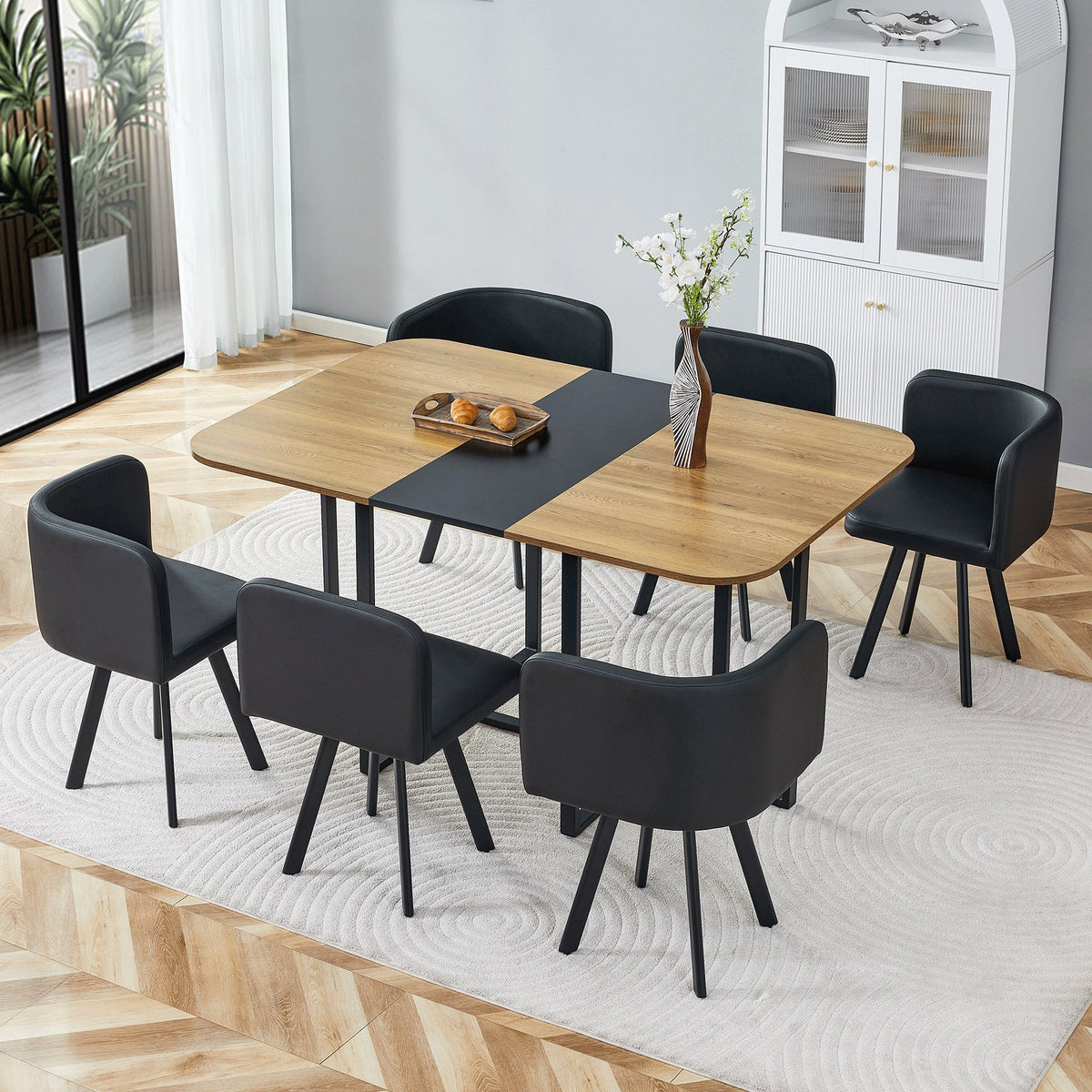 7-Piece Dining Table Set for 6, 1 Table & 6 Black PU Upholstered Chairs, Black & Wood Grain Melamine Table, Modern Kitchen Nook Set