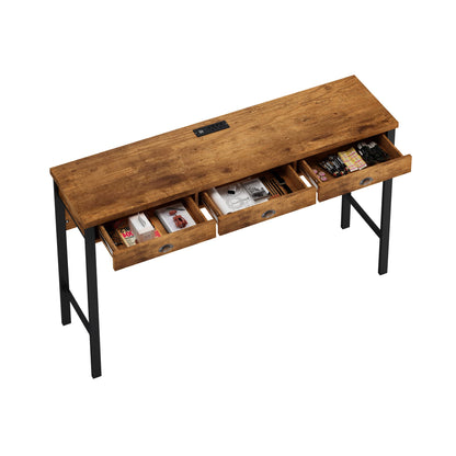 3-Drawer Long Dining Table Set with Power Outlets, Bar Kitchen Table Set with Circular PU Stools, Easy Assemble, Brown