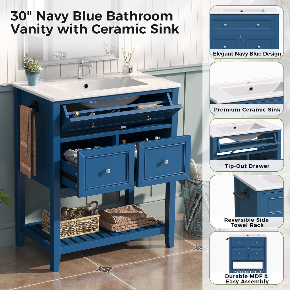 30" Navy Blue Bathroom Vanity with Ceramic Sink – Freestanding Storage Cabinet with Tip-Out Drawer, 2 Drawers & Open Slatted Shelf, Reversible Side Towel Rack, Silver Handles, MDF