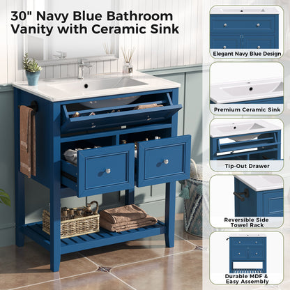 30" Navy Blue Bathroom Vanity with Ceramic Sink – Freestanding Storage Cabinet with Tip-Out Drawer, 2 Drawers & Open Slatted Shelf, Reversible Side Towel Rack, Silver Handles, MDF