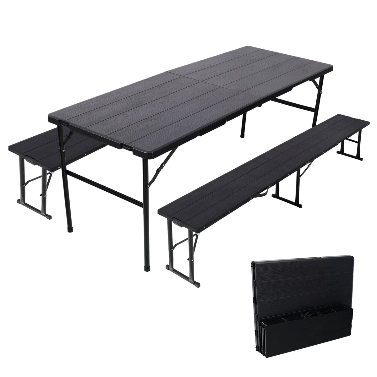 70Inch Portable Folding Picnic Table Set with 2 Benches,3‑Piece Indoor Outdoor Folding Furniture Set,Wood Grain Tabletop for Camping,Backyard Party,Picnic,Wedding Gatherings,Black