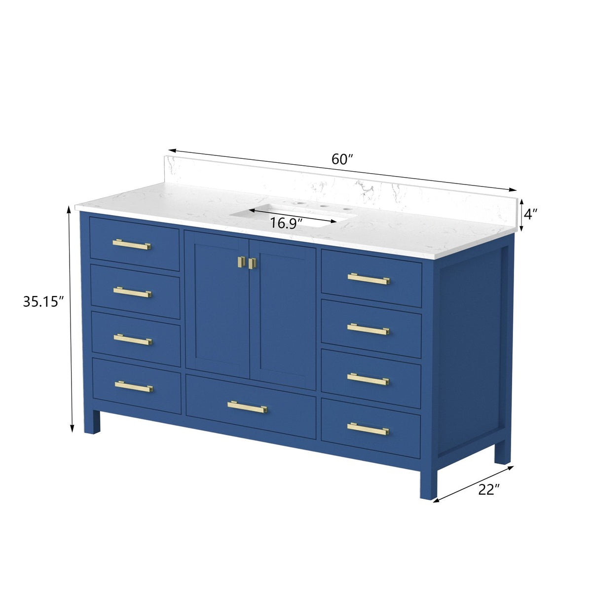 60'' Bathroom Vanity, Freestanding Vanity Top with Single basin Solid Wood Frame Bathroom Storage Cabinet Blue