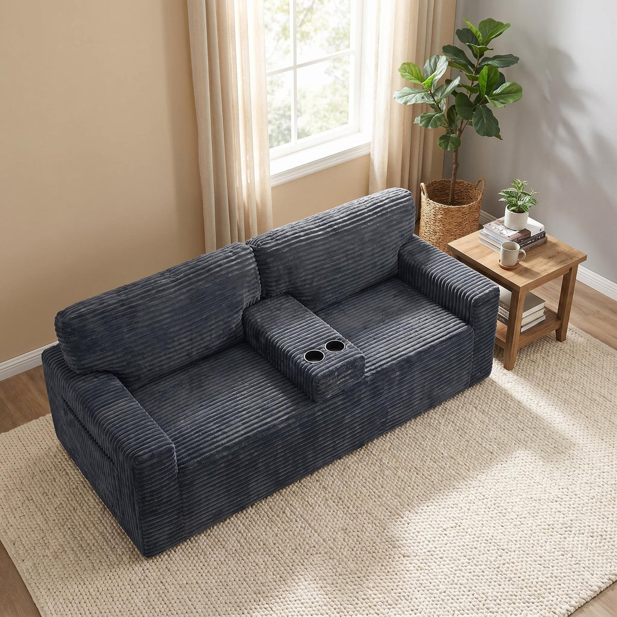 91.7" No-Leg Compression Sofa, Plush Corduroy  with Built-in Cup Holders and Side Storage Pocket for Living Room