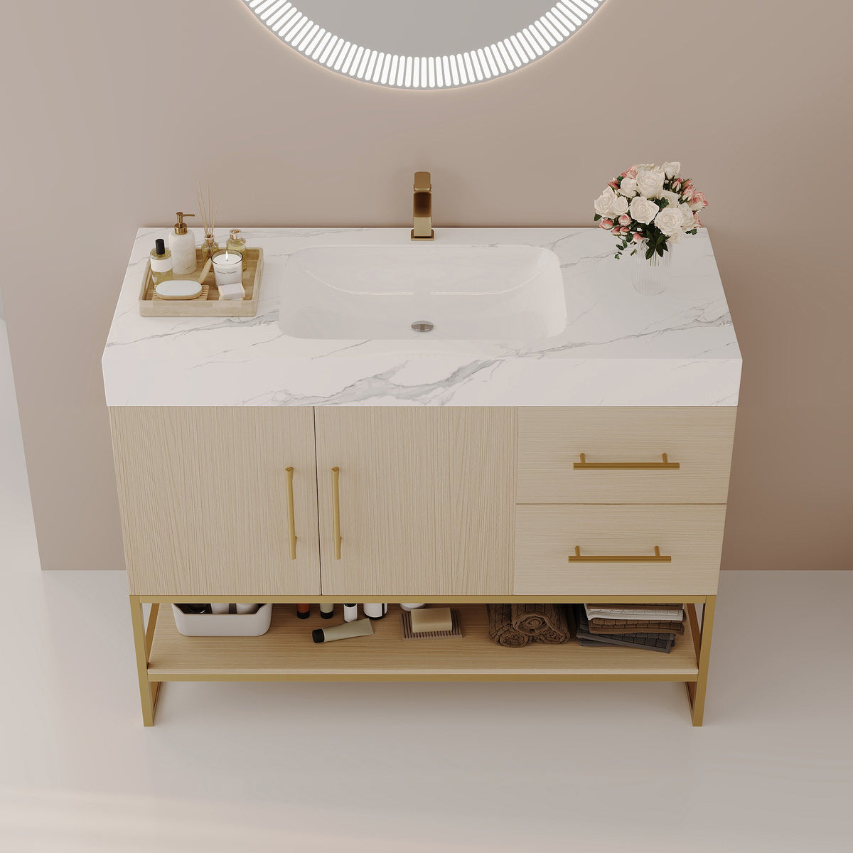 36" Modern Free-Standing Bathroom Vanity with Seamless Ceramic Sink & Sintered Stone Top