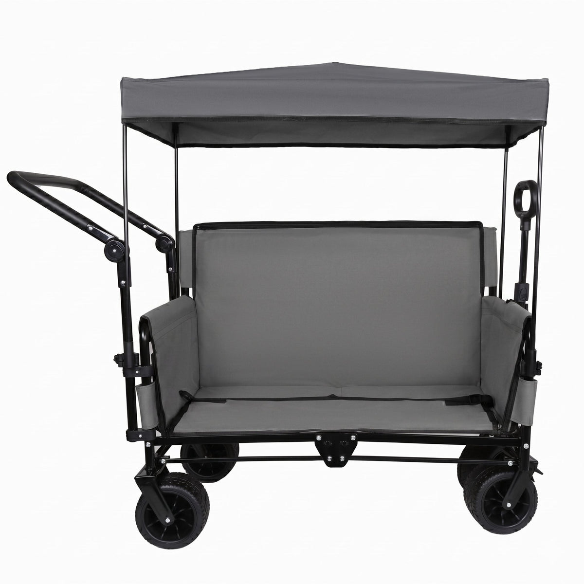 3-in-1 Folding Wagon Cart with Bench Seat & Canopy & Storage, 500lbs Heavy-Duty, 180L Capacity, All-Terrain Wagon for Camping, Beach, Sports, & Garden, Gray