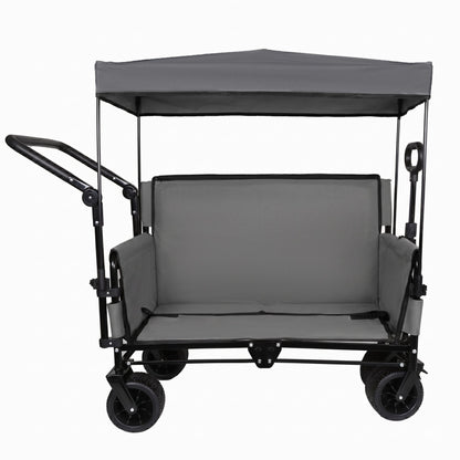 3-in-1 Folding Wagon Cart with Bench Seat & Canopy & Storage, 500lbs Heavy-Duty, 180L Capacity, All-Terrain Wagon for Camping, Beach, Sports, & Garden, Gray