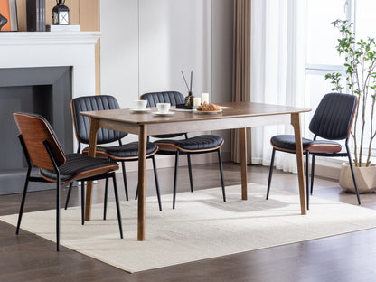 A&A Furniture, Dining Chairs Set of 2 Mid Century Modern Retro Faux Leather Chair with Walnut Bentwood Back Upholstered Seat Metal Legs – Black