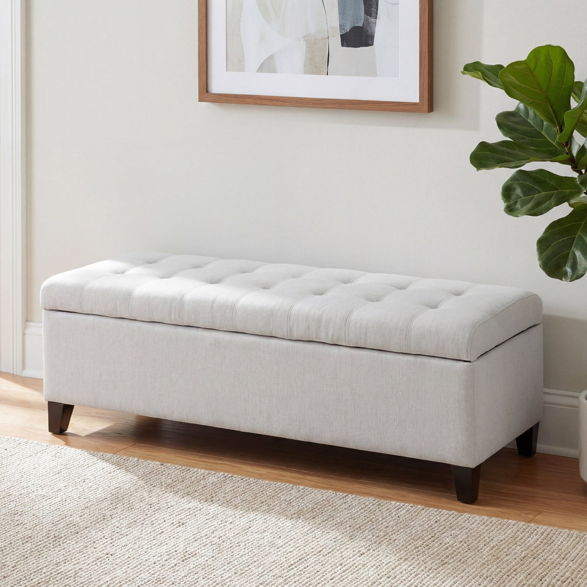 Upholstered Storage Ottoman Bench, Entryway Bench, End of Bed Bench, Ottoman Foot Rest, Light Grey, 300lbs
