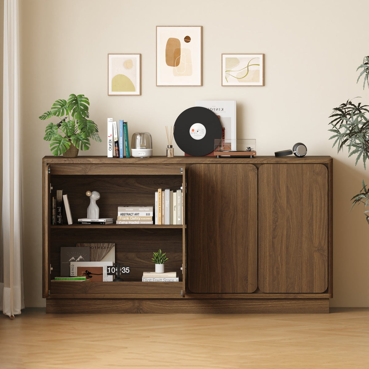 59.1 Inch Walnut 4-Door Sideboard Buffet Cabinet, Particle Board Storage Credenza with Adjustable Shelves, Wide Console Storage Cupboard for Dining Room, Kitchen, Living Room & Entryway