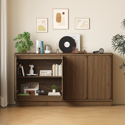 59.1 Inch Walnut 4-Door Sideboard Buffet Cabinet, Particle Board Storage Credenza with Adjustable Shelves, Wide Console Storage Cupboard for Dining Room, Kitchen, Living Room & Entryway