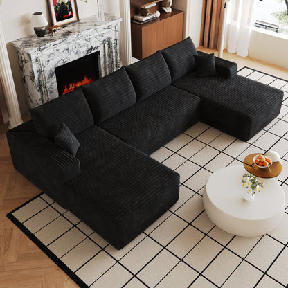 134"  Cloud Sectional Sofa ,Modern Minimalist Upholstered Couches, Comfort U Shaped Sofa for Living Room,Deep Seat,No Assembly Required (Plush Corduroy Fabric),Black