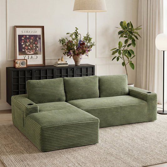 104 Inch Cloud Sectional Couch, Modern Modular Sectional Sofa with Deep Seat, Corduroy Boneless Couches with L-Shape Chaise – Green