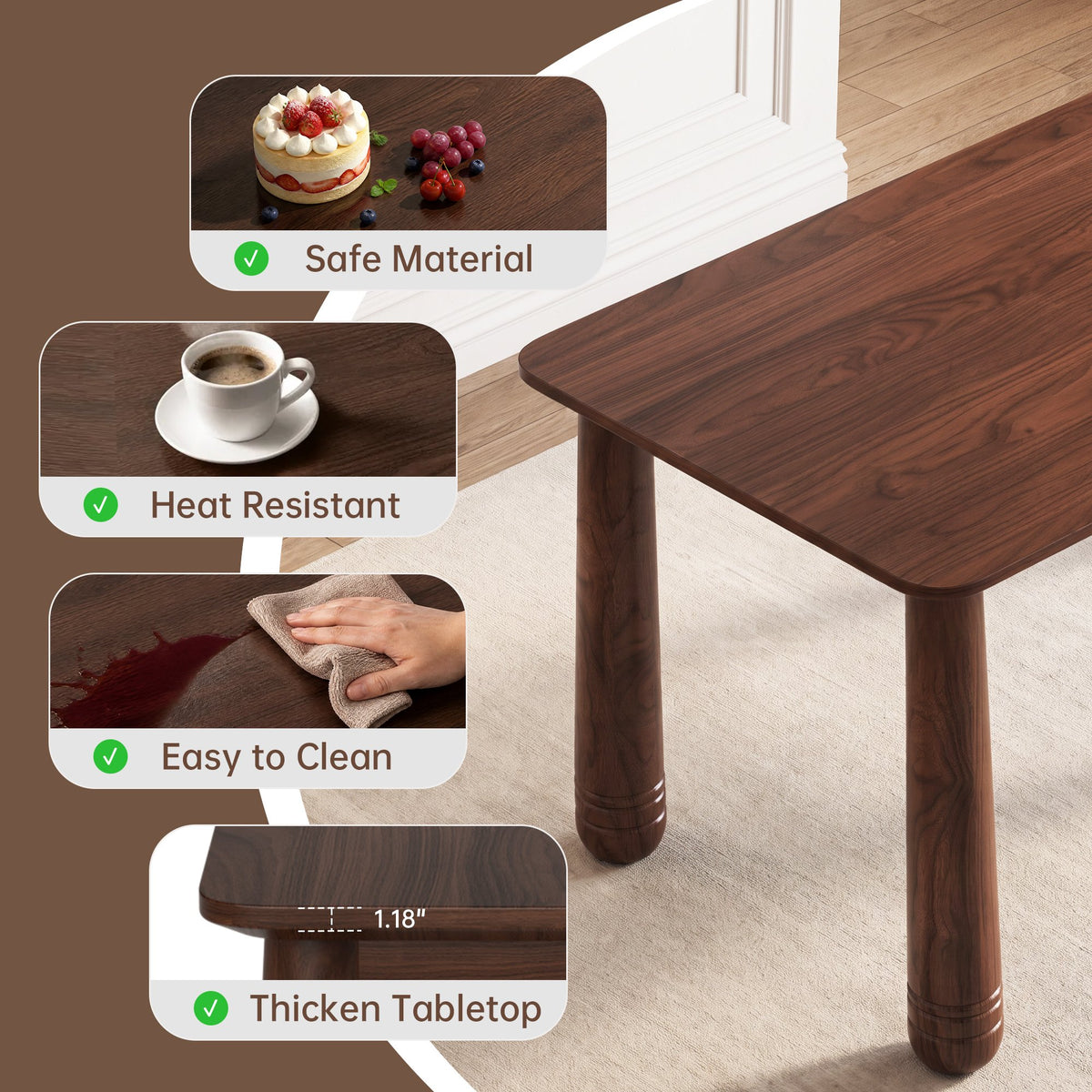 63" Solid Wood Dining Table Set with 4 Upholstered Chairs, Farmhouse Dinner Table Set of 5 Piece with Walnut Finish & Beige Chenille Seats, Heavy-Duty Support up to 1000 lbs, Easy Assembly