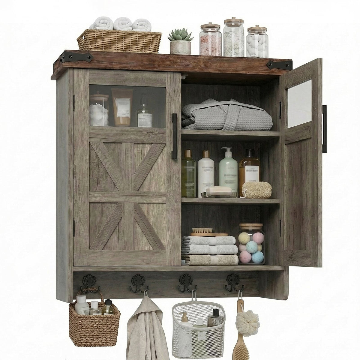 Bathroom Wall Cabinet Wall, Over Toilet Storage Cabinet, Bathroom Medicine Cabinet with Adjustable Shelves & Hook, Farmhouse Bathroom Storage for Small Bathrooms, Kitchen, Laundry