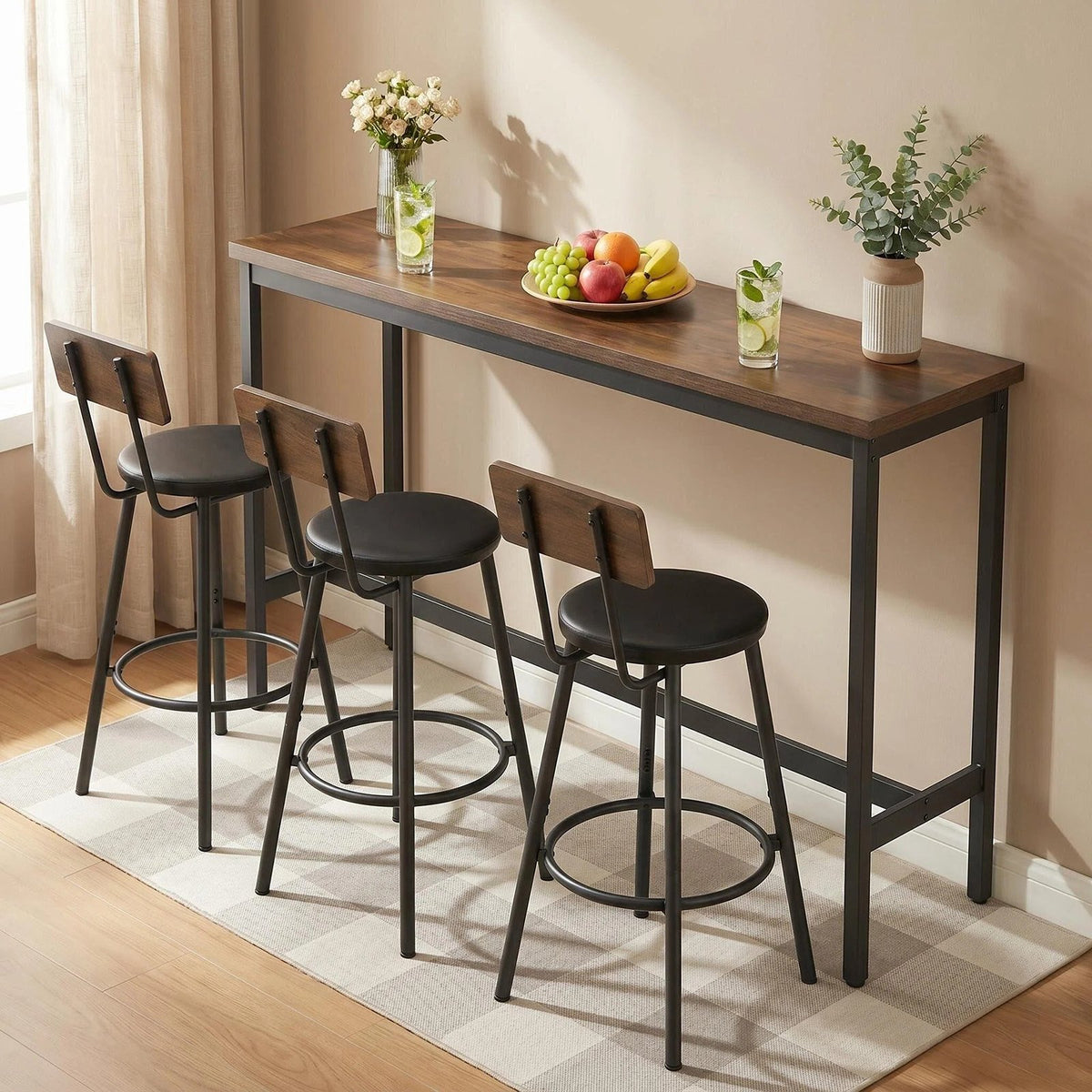 Bar Table and Chairs Set for 3, 4 Piece Industrial Dining Table Set with 3 PU Upholstered Bar Stools, Bar Table Set, Small Space Corner