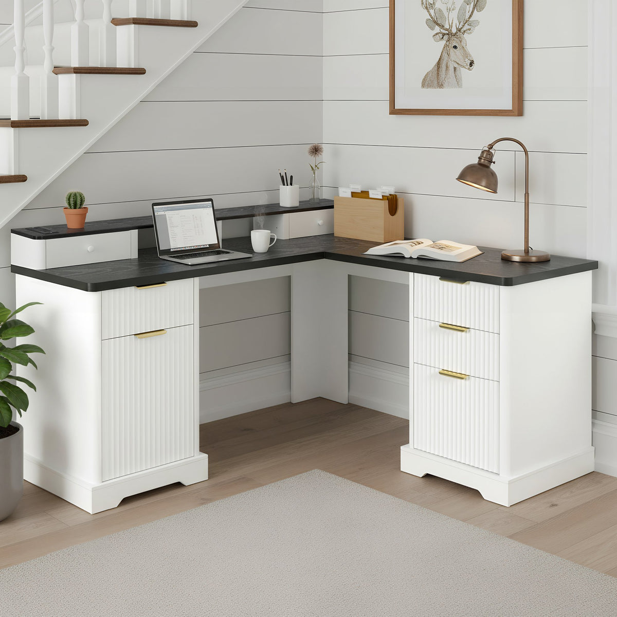 59" Modern Fluted L-Shaped Desk with Charging Station & Storage Cabinet - Home Office Computer Desk with Monitor Stand