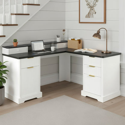 59" Modern Fluted L-Shaped Desk with Charging Station & Storage Cabinet - Home Office Computer Desk with Monitor Stand