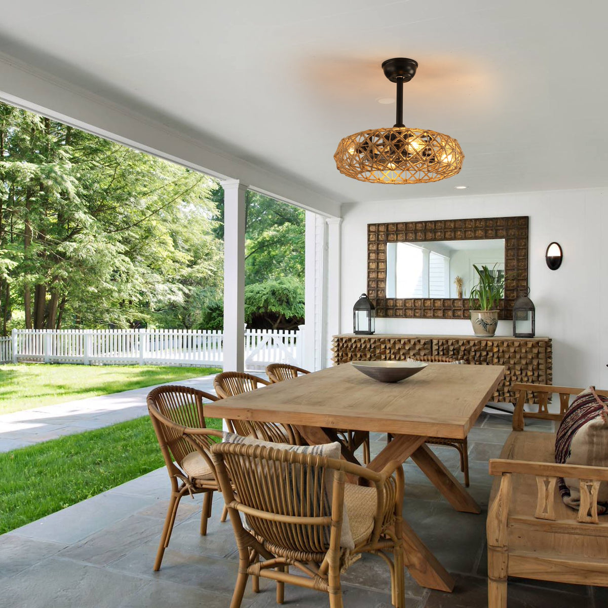 19" Hemp Rope Woven Ceiling Fan with 4 bulbs, Dimmable, 7 Blades, Reversible DC motor.