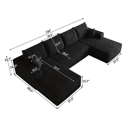 134"  Cloud Sectional Sofa ,Modern Minimalist Upholstered Couches, Comfort U Shaped Sofa for Living Room,Deep Seat,No Assembly Required (Plush Corduroy Fabric),Black