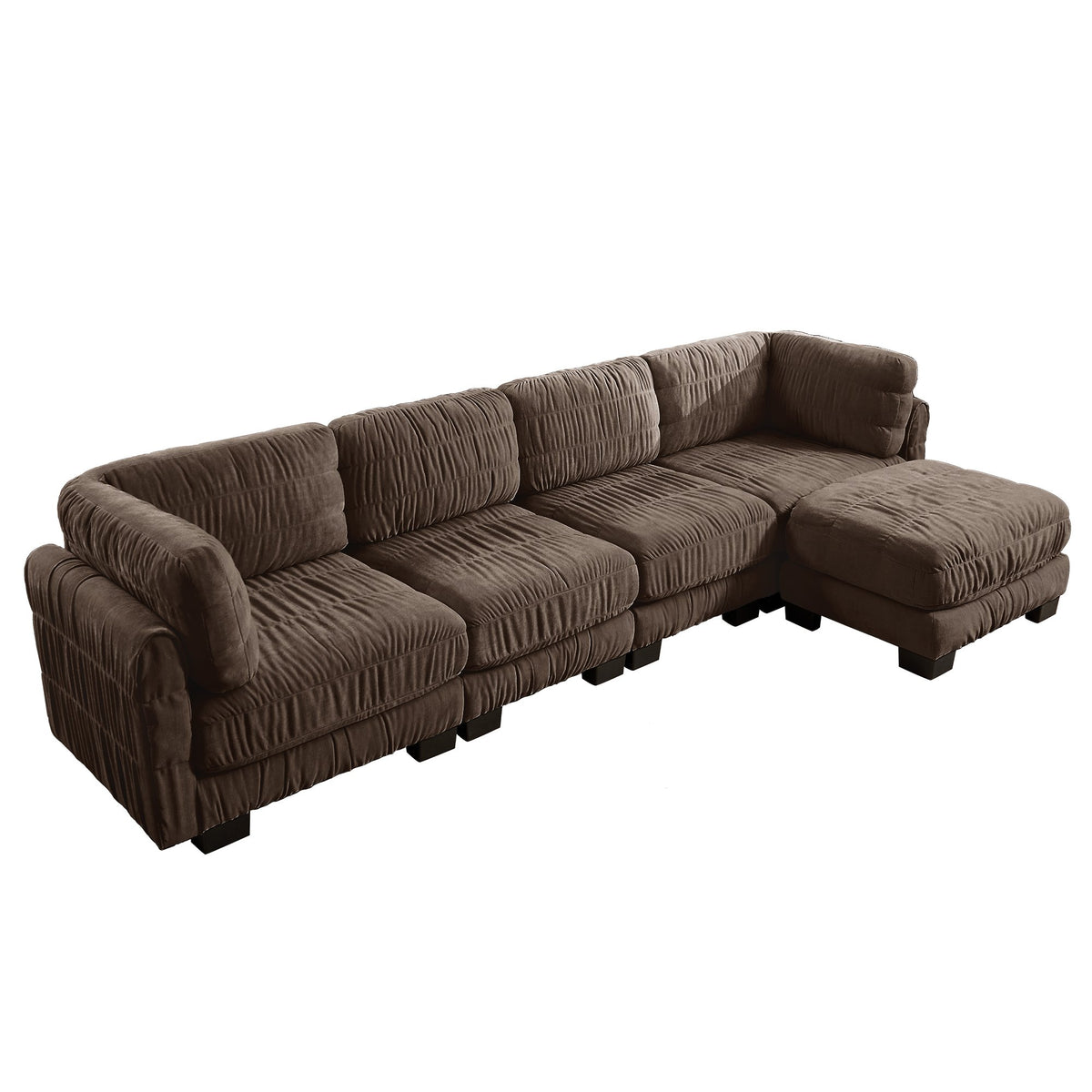 4 Seat Ruched Detailing Chenille Modular Sectional Sofa,Movable Ottoman,High-Density Foam,L Shape Thickened  Back Cushions,Easy Assembly,For Living Room,Bedroom,Brown