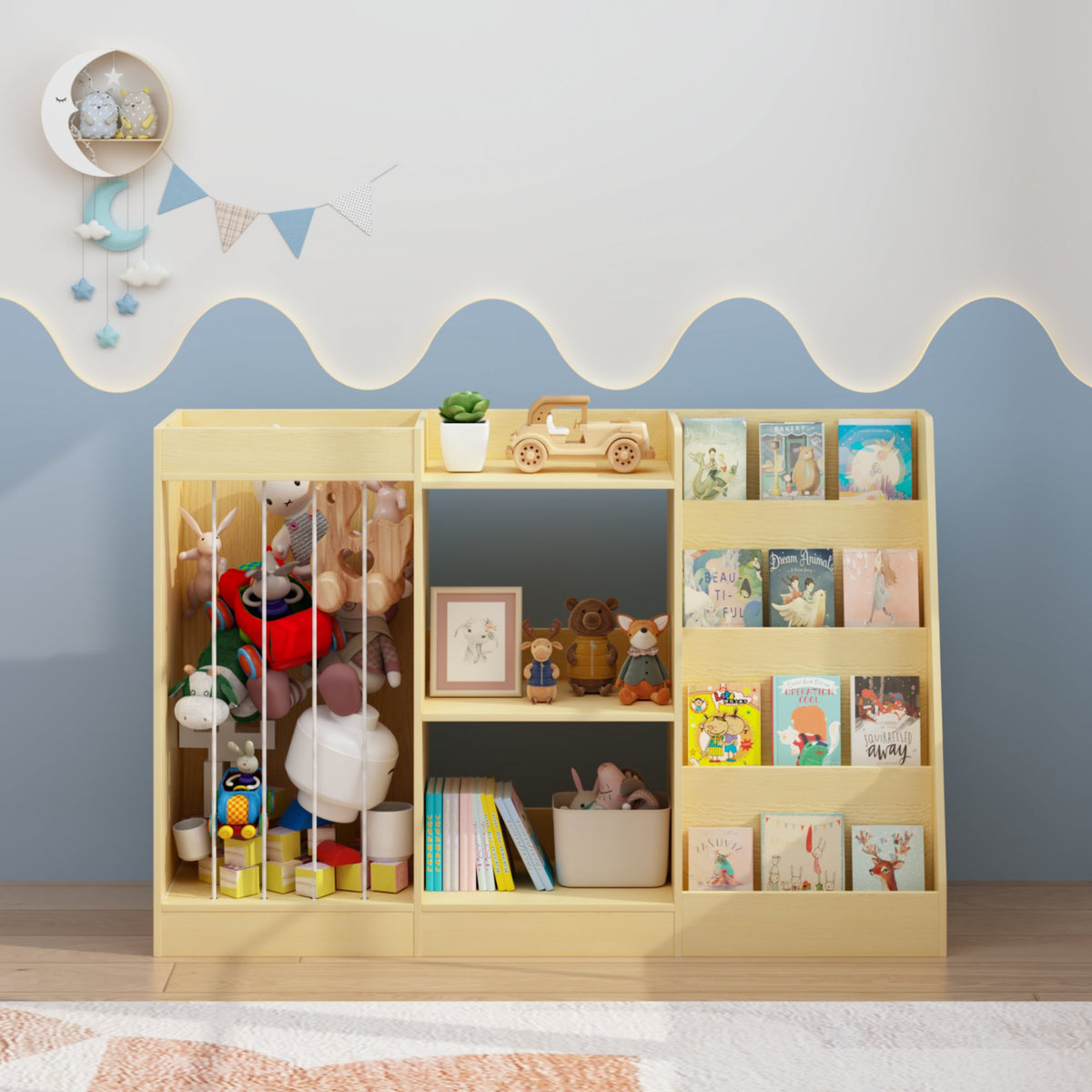 3-in-1 Kids Bookshelf and Toy Storage, 4-Tier Book Shelf for Kids Rooms, Sling Baby Bookcase with Stuffed Animal Storage, Toddler Montessori Bookshelf for Nursery, Playroom, Kindergarten, Natural