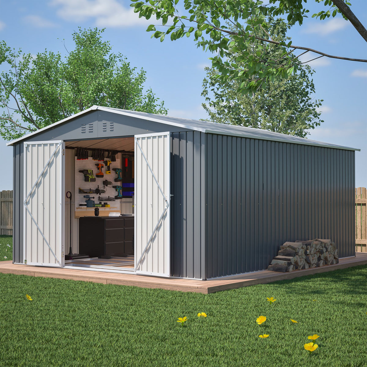 11x13 FT Metal Storage Shed with Reinforced Floor Frame Large 140.5 ft² Outdoor Garden Tool House Lockable Doors & 4 Air Vents Weatherproof