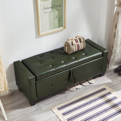48" Ottoman Bench with Storage, Upholstered Tufted Faux Leather PU Ottoman Dark Green