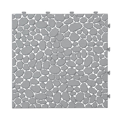 12 x 12 Inch Gray Interlocking Deck Tiles Plastic Waterproof Outdoor All Weather Anti-slip Bathroom Shower Balcony Porch Strong Weight Capacity Upto 440 LBS, Pebble Stone Pattern Pack of 12