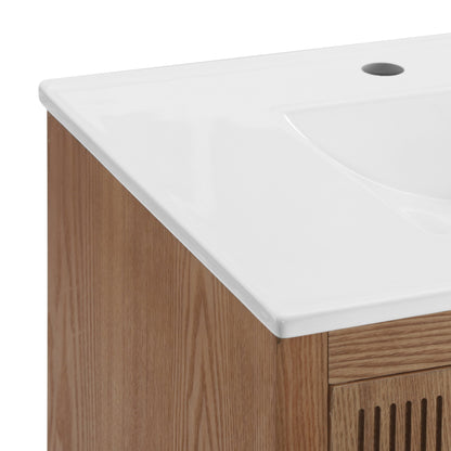 30 Inch Freestanding Farmhouse Bathroom Vanity with Integrated White Ceramic Sink Top, Smooth Finish Natural Acacia Wood Veneer Herringbone Chevron Cabinet, Soft Close Doors & Full Extension Drawer, B
