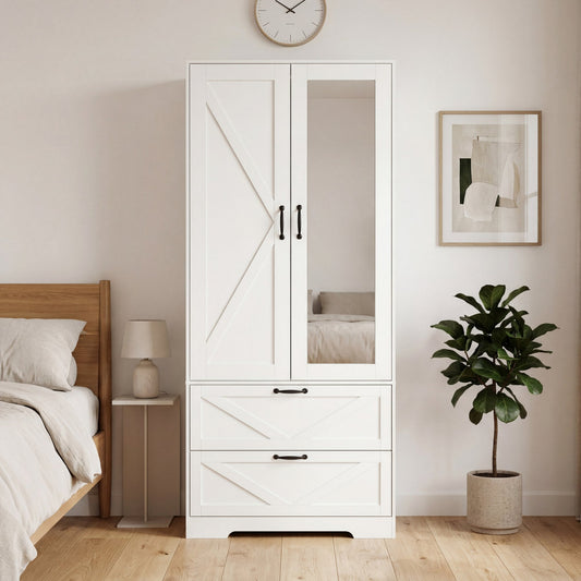 2 Door Wood Wardrobe for Bedroom with Hanging Clothing Rod inside the Cabinet and 2 Drawers for Storage Organization – White
