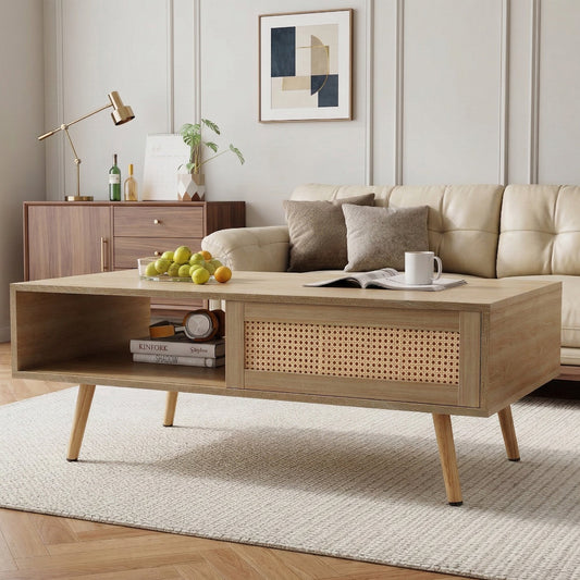41.34" Rattan Coffee Table, Sliding Door for Storage, Solid Wood Legs, Modern Table for Living Room-Natural