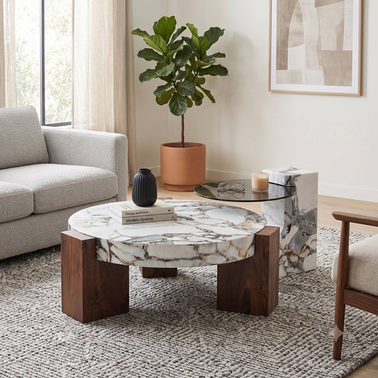 A 2-piece nesting coffee table set with a stylish and distinctive design; the detachable design allows for more flexible use of space and is suitable for a variety of settings.