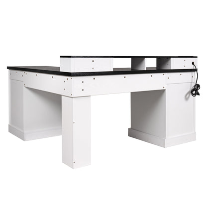 59" Modern Fluted L-Shaped Desk with Charging Station & Storage Cabinet - Home Office Computer Desk with Monitor Stand