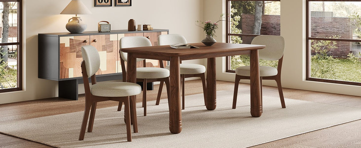 63" Solid Wood Dining Table Set with 4 Upholstered Chairs, Farmhouse Dinner Table Set of 5 Piece with Walnut Finish & Beige Chenille Seats, Heavy-Duty Support up to 1000 lbs, Easy Assembly
