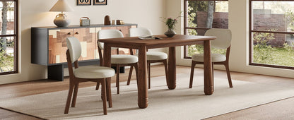 63" Solid Wood Dining Table Set with 4 Upholstered Chairs, Farmhouse Dinner Table Set of 5 Piece with Walnut Finish & Beige Chenille Seats, Heavy-Duty Support up to 1000 lbs, Easy Assembly