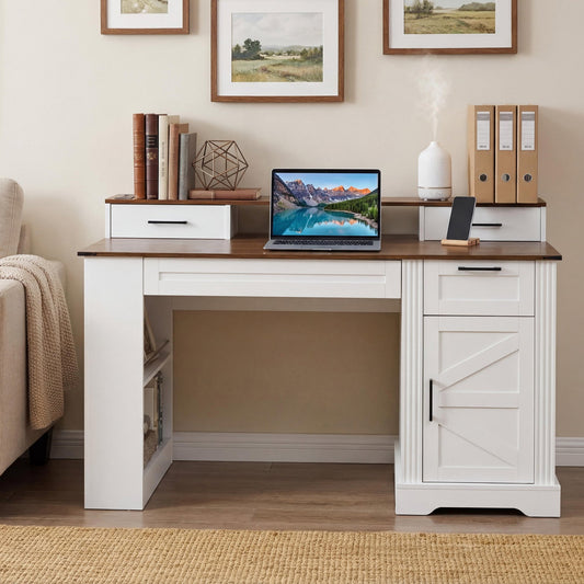 55" Farmhouse Office Desk with Storage Cabinet & Charging Station, Barn Door Design Computer Writing Desk with Keyboard Tray