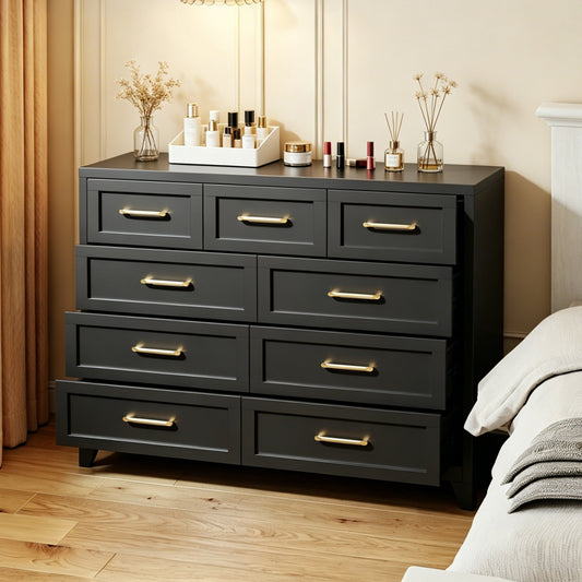 9-Drawer Tall Dresser, Black Metal Storage Cabinet with Smooth Gliding Drawers, Space-Saving Chest of Drawers
