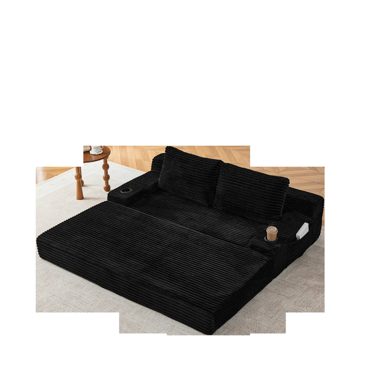 70.8-inch corduroy two-in-one sofa bed, featuring a lounge chair with two throw pillows, built-in cup holders in the armrests, and side storage pockets-ideal for living rooms, bedrooms, and relaxation