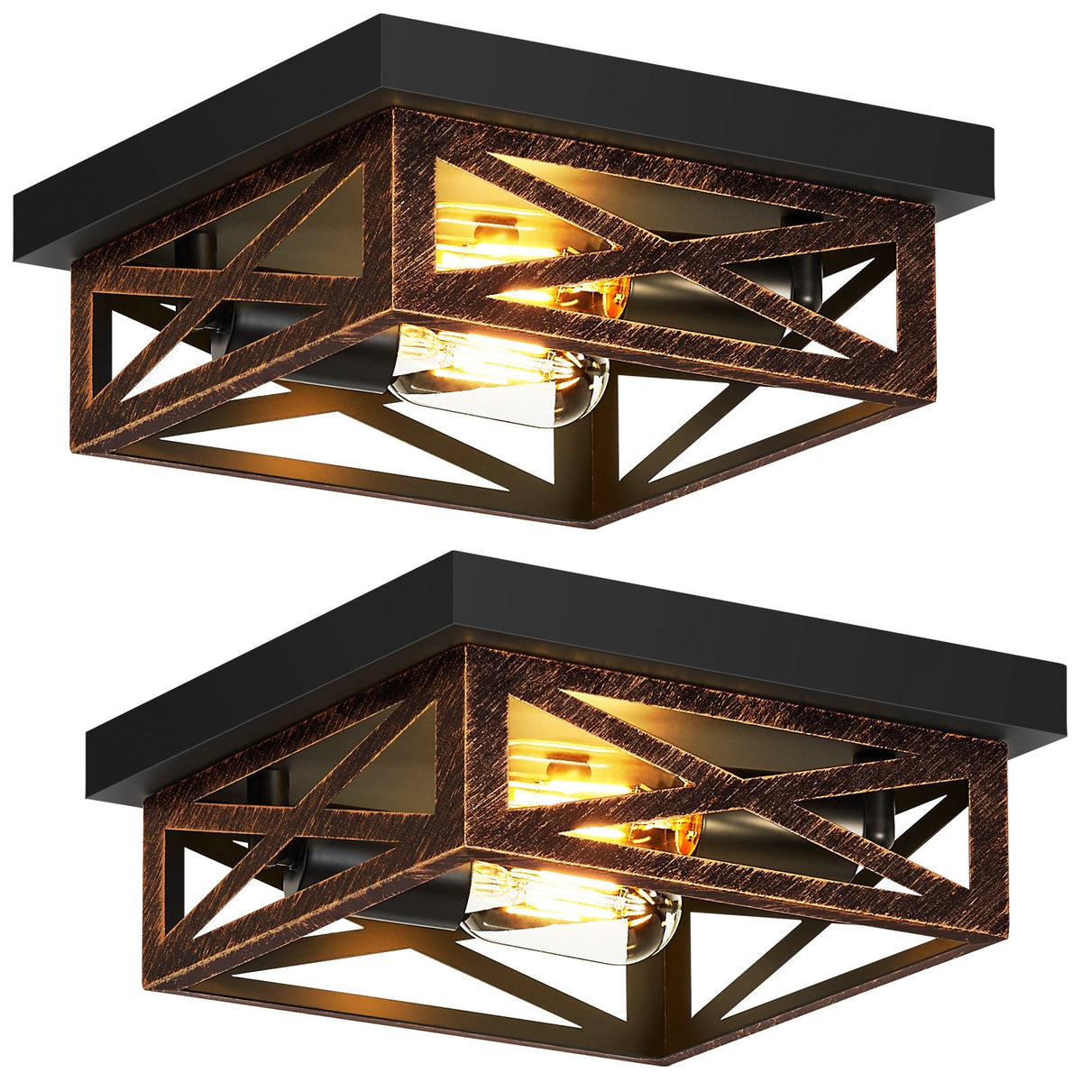 2 Pack 2-Light Matte Bronze Farmhouse Square Flush Mount Ceiling Light, Vintage Hollow Geometric Iron Cage Ceiling Lamp, Industrial Close to Ceiling Lighting for Dining Room(No light bulb)