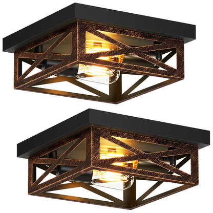 2 Pack 2-Light Matte Bronze Farmhouse Square Flush Mount Ceiling Light, Vintage Hollow Geometric Iron Cage Ceiling Lamp, Industrial Close to Ceiling Lighting for Dining Room(No light bulb)