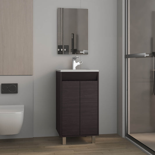 Bathroom Set, Cabinet with Sink + Mirror, 2 Doors, 4 Legs, 2 Shelves, 1 Mirror, Black Wengue