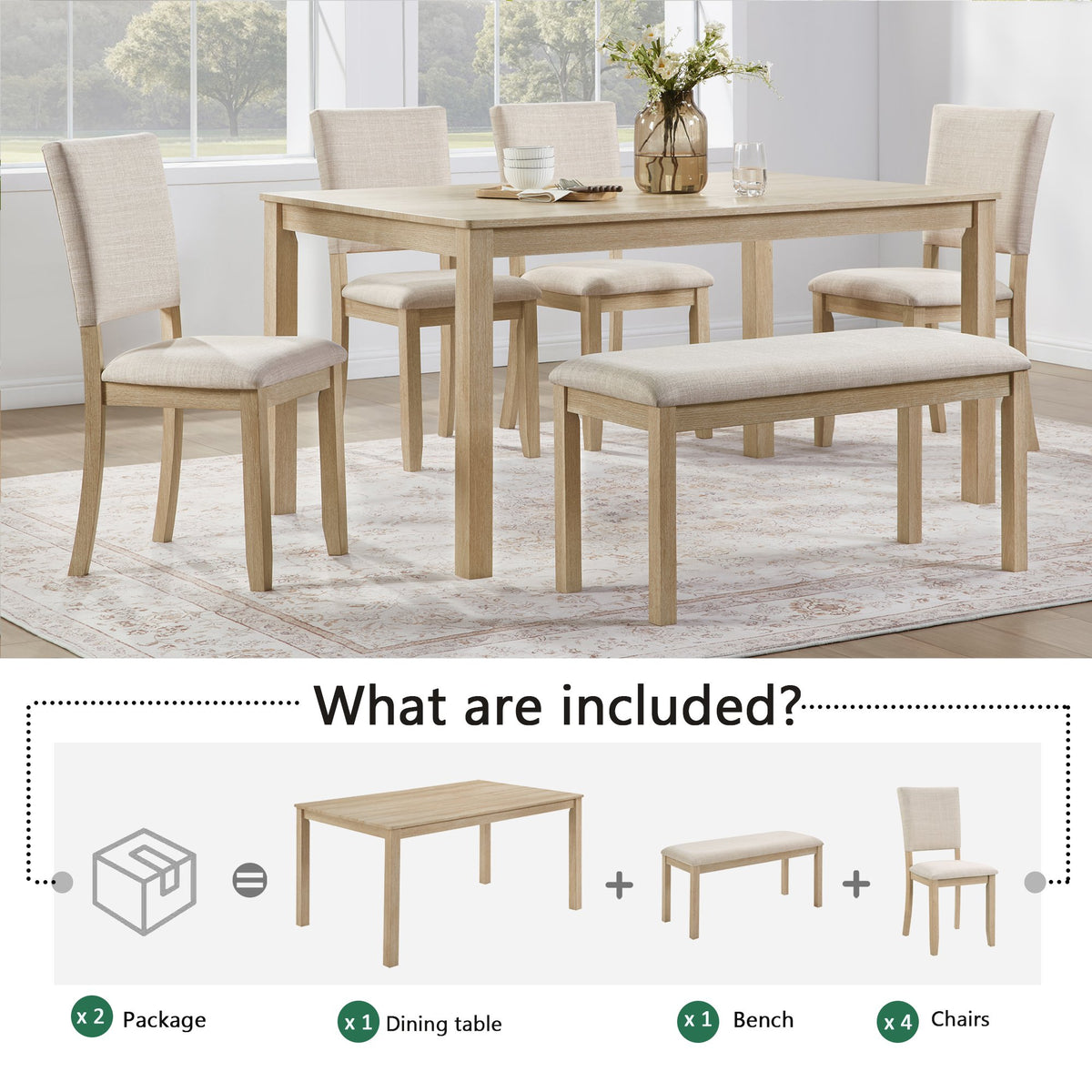 6 Piece Dining Table Set with Bench, Wooden Rectangular Kitchen Table Set with Bench and 4 Upholstered Chairs, Light Oak & Beige