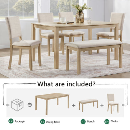 6 Piece Dining Table Set with Bench, Wooden Rectangular Kitchen Table Set with Bench and 4 Upholstered Chairs, Light Oak & Beige