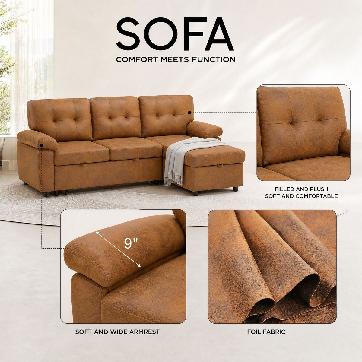 88.5" Convertible L-Shaped Pull-Out Sectional Sofa Bed with Storage Chaise,and Soft and Soft Padded Armrests