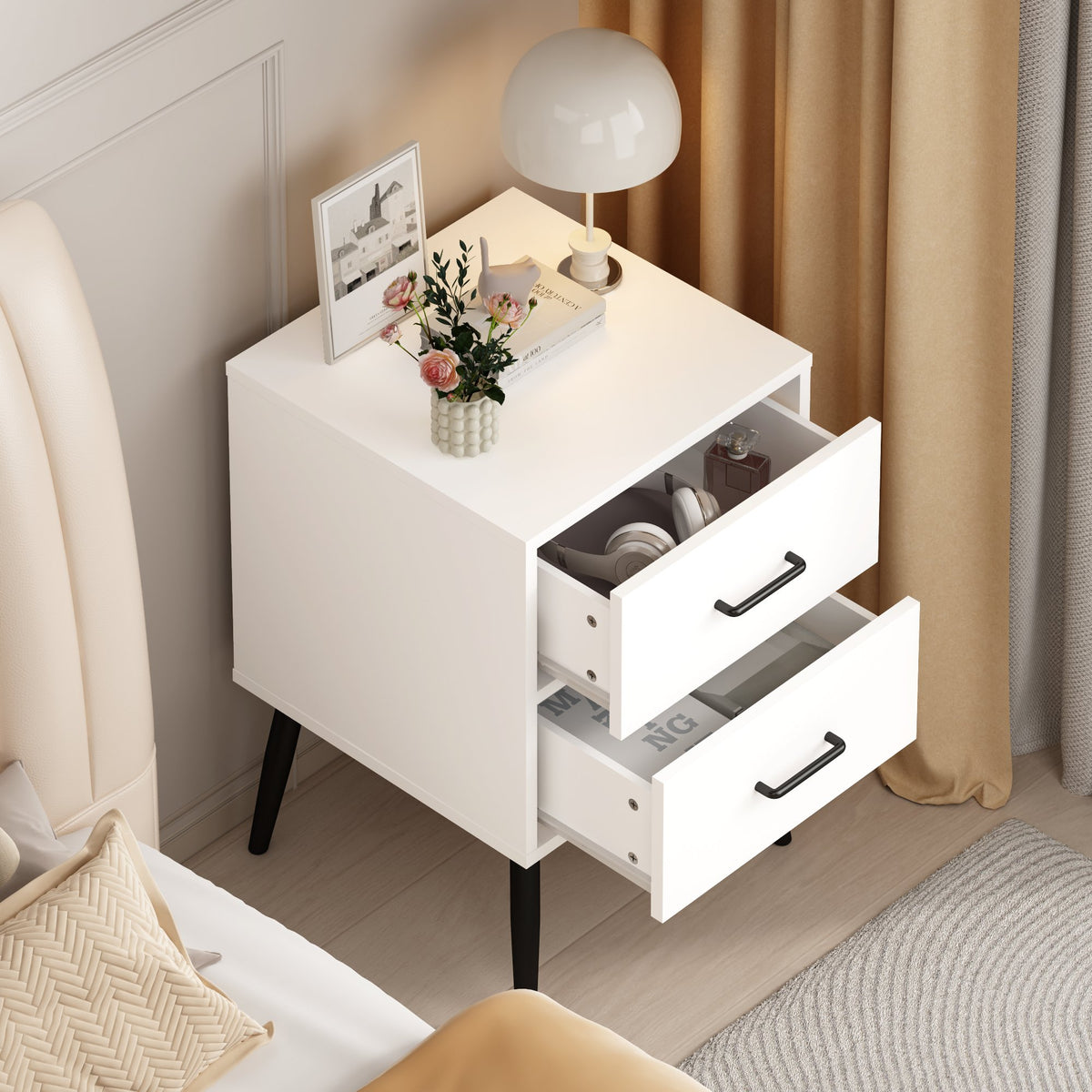 2-Drawer Nightstand with Metal Legs and Metal Handles, Modern White Bedside Table, Small End Table, Living Room or Apartment