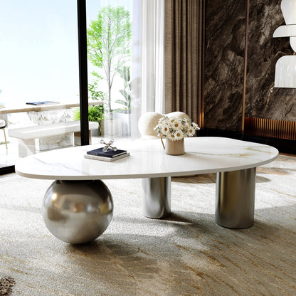 49.2" Free Form Faux Marble Coffee Table, Modern Minimalist Living Room Center Table with Stainless Steel Sphere & Cylinder Legs