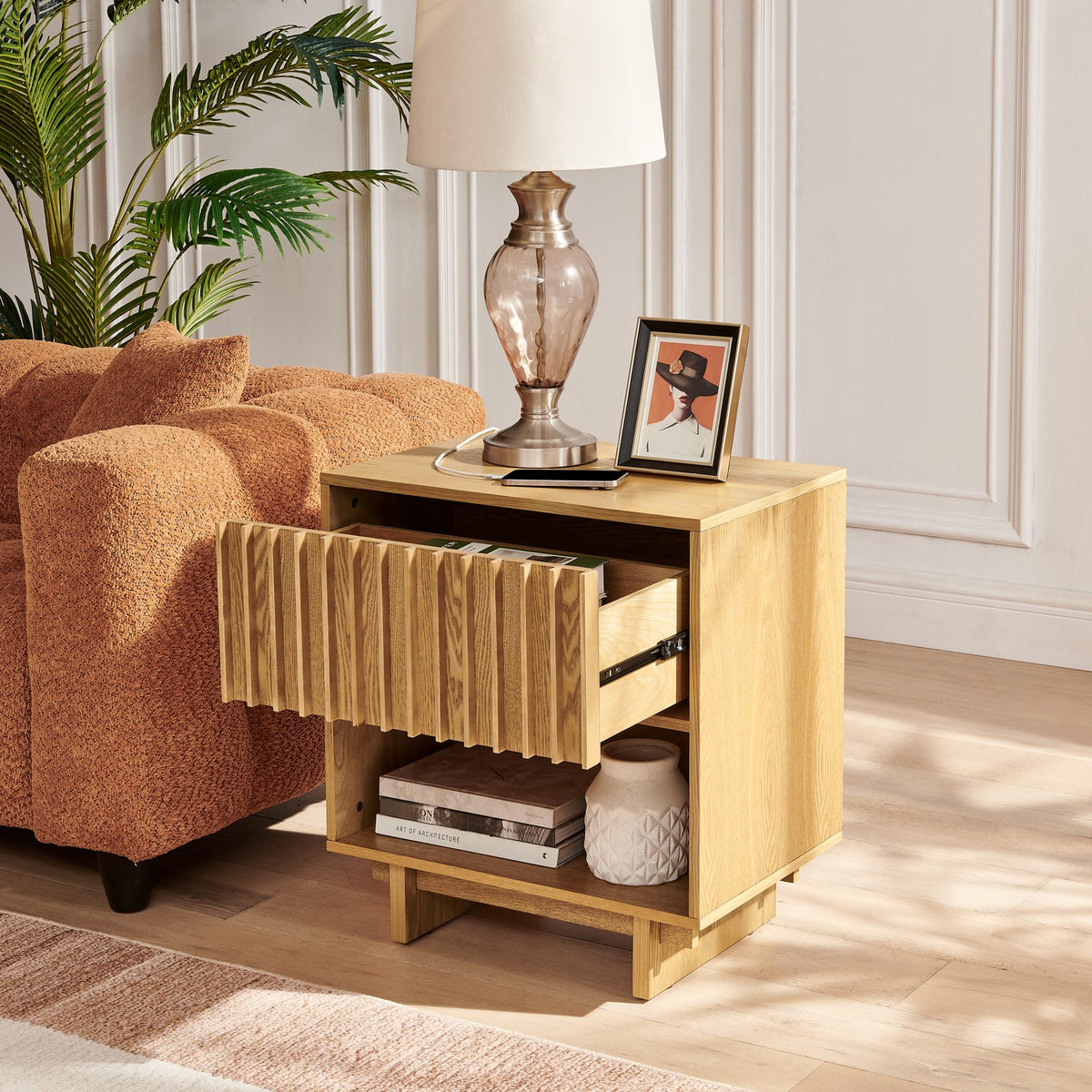 23.4" Mid Century Modern Grille Slat Nightstand with Hidden Charging Station USB Ports & Outlet Hole, Farmhouse End Table with Open Space and Drawer Dresser, Natural